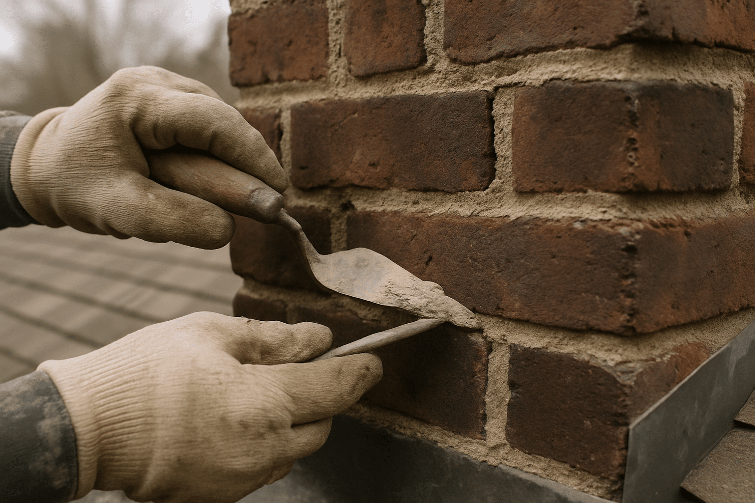 Hands-on trowel work at close range illustrates the skilled, in-house mortar matching process described in the pricing s