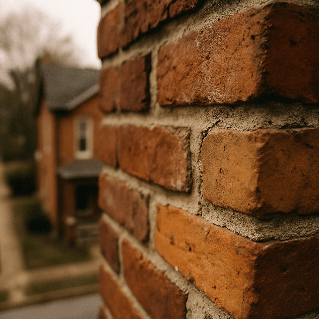 A tight square crop on the chimney's joint detail visually communicates the diagnostic subject matter of mortar deterior