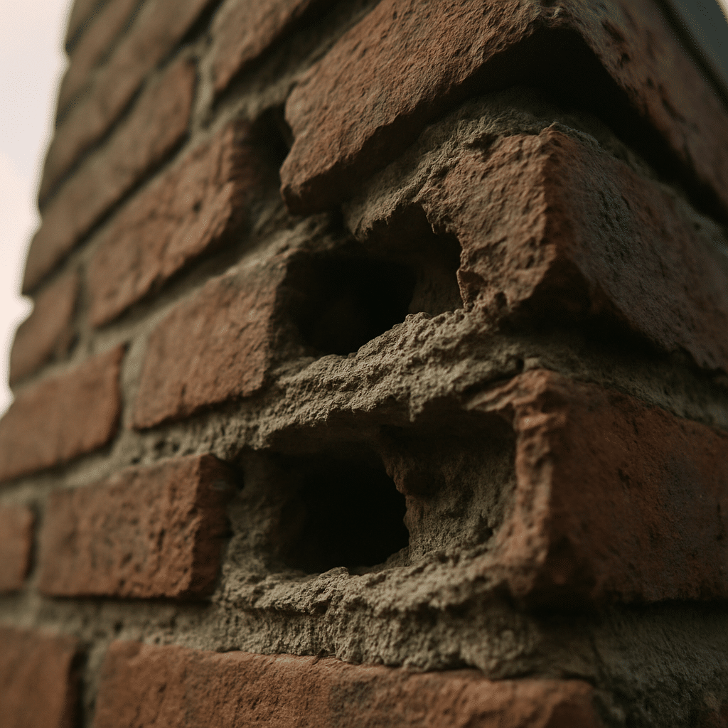 A tight macro shot of visibly failing mortar joints directly illustrates the diagnostic signs described in this section,